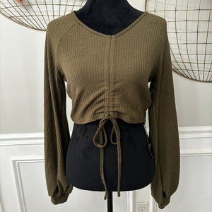 ZAFUL | Green Waffle Knit Long Sleeve Crop Top W/ Puff Sleeves [NWT]